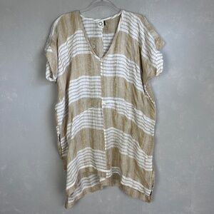 Anthropologie Akemi + Kin size M short sleeve v-neck linen tunic top striped tan